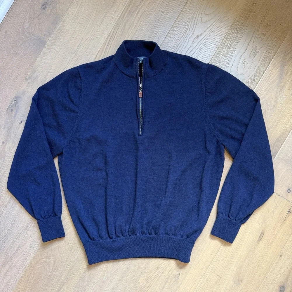 TURTLESON 100% Extra Fine Merino Wool Quarter Zip Men's Navy Blue Sweater XL
